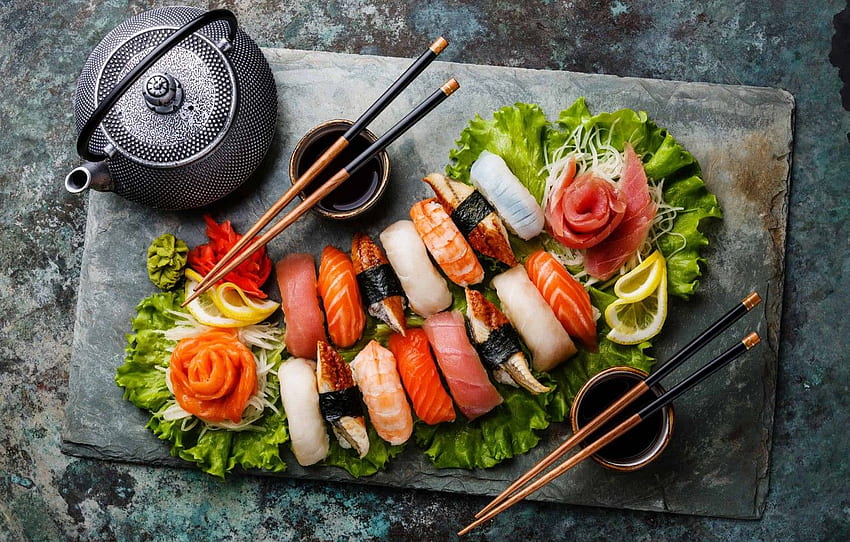 thé, poisson, bâtons, figure, sauce, sashimi Fond d'écran HD