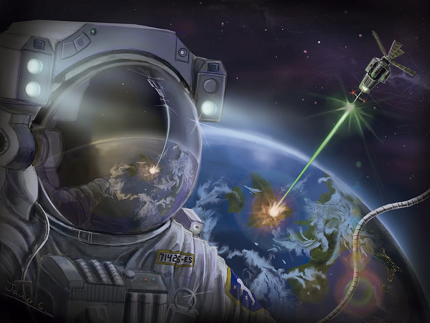 宇宙飛行士絵画アート ヘルメット宇宙飛行士宇宙船地球、宇宙の奇抜な宇宙飛行士 高画質の壁紙