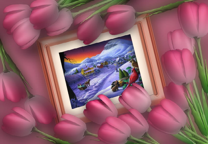 Tulip Nostalgia, pastel, winter, nostalgia, fuzzy, frame, soft, tulips, pink, abstract, snow HD wallpaper