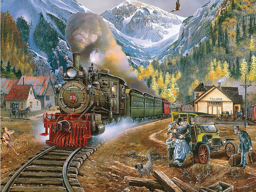 Telluride Homecoming, locomotora, montañas, vapor, obras de arte, pintura, ferrocarriles fondo de pantalla