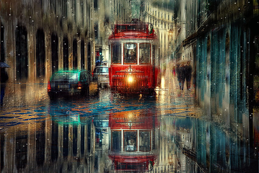 Rainy weather, urban, reflection, rain, city, weather, street, tram HD wallpaper