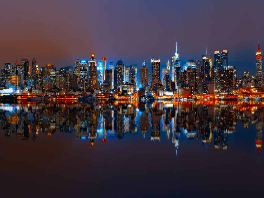 Манхатън Ню Йорк Сити Съединени американски щати Панорама Градски пейзаж Нощ Най-добро HD тапет