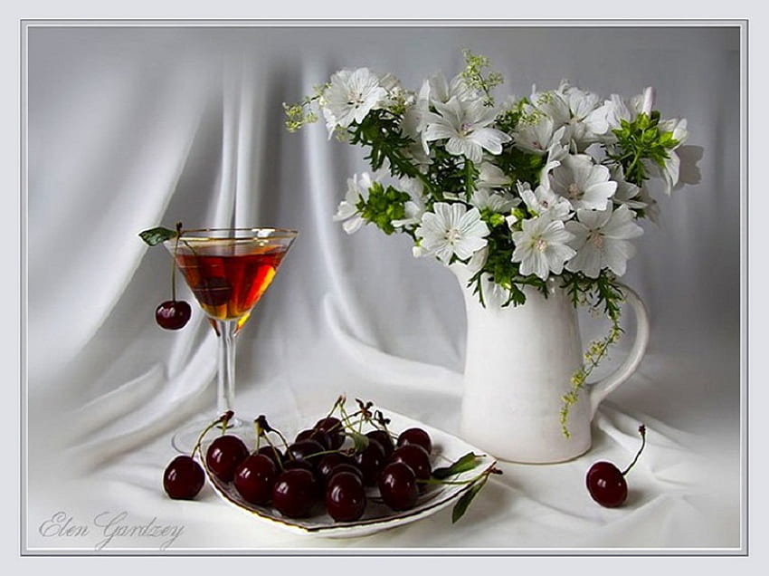 Fruit and flowers, wineglass, cherries, vase, glass, fruit, flowers HD wallpaper