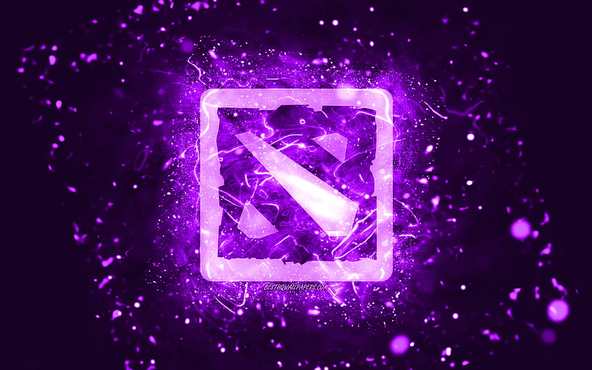 Fioletowe logo Dota 2, fioletowe neony, kreatywne, fioletowe abstrakcyjne tło, logo Dota 2, gry online, Dota 2 Tapeta HD