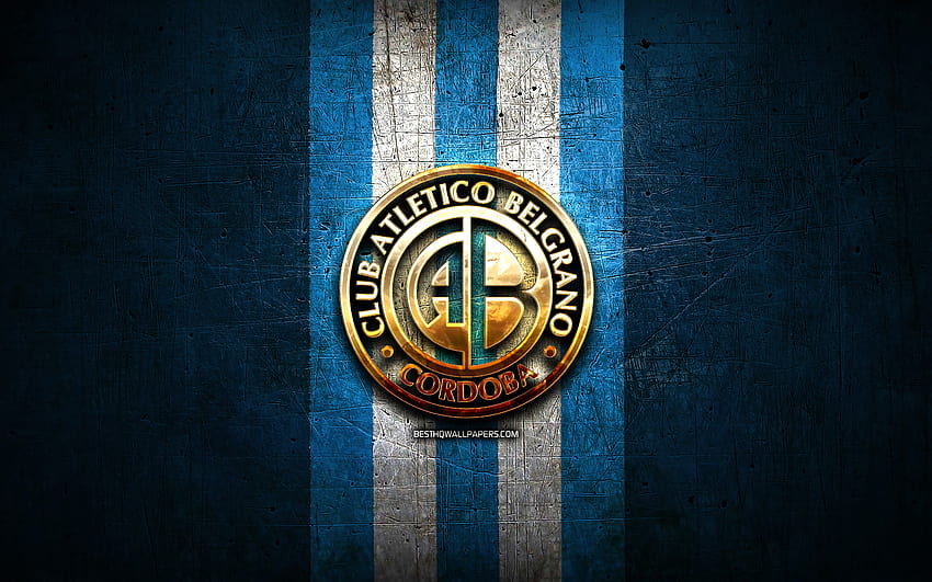 Belgrano FC, златно лого, Primera Nacional, син метален фон, футбол, аржентински футболен клуб, лого на Belgrano, футбол, CA Belgrano, Аржентина, Club Atletico Belgrano HD тапет