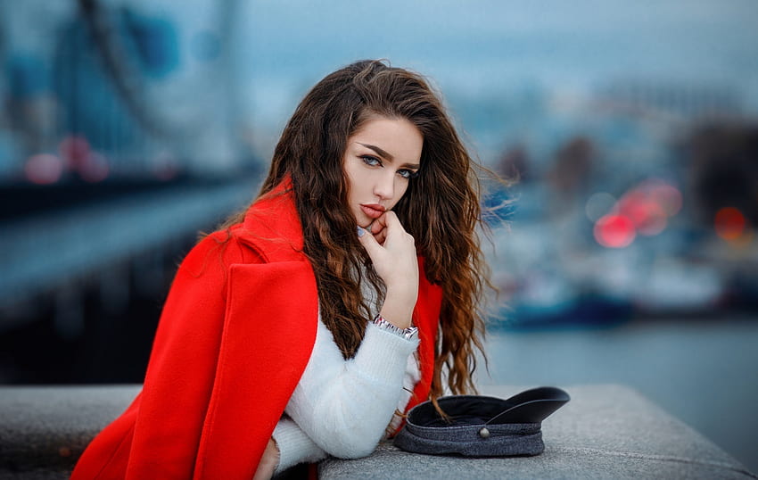 Atteggiamento, modella donna, giacca rossa, bellissima Sfondo HD
