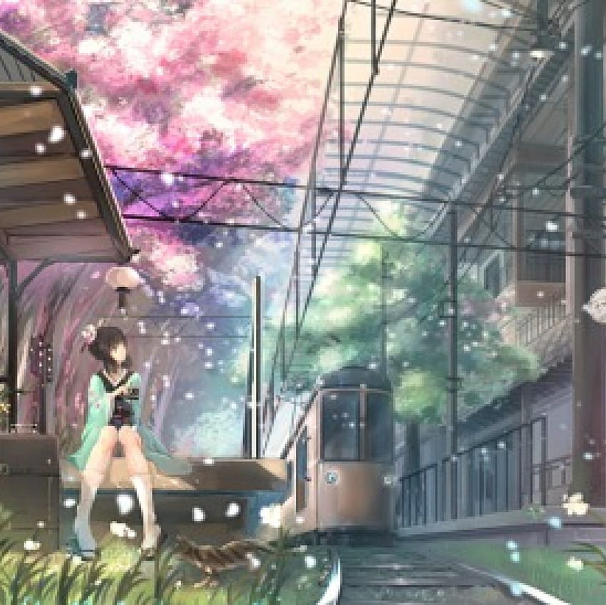Train Station, kimono, yukata, station, beauty, nice, scenery, petals, camera, female, bench, sweet, scene, girl, train, beautiful, anime girl, anime, pretty, lovely HD wallpaper