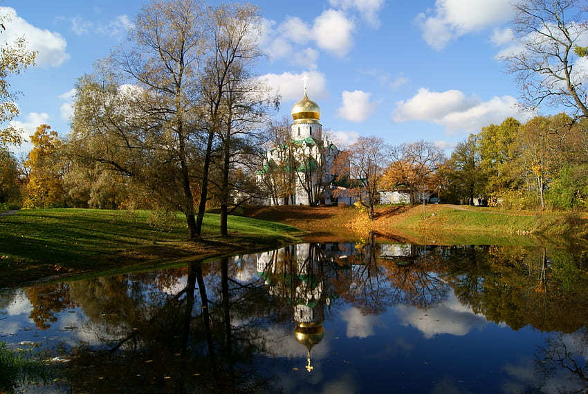 Nature, Autumn, Lake, Temple, Church, Dome, St. Petersburg, Saint Petersburg, Shrine HD wallpaper