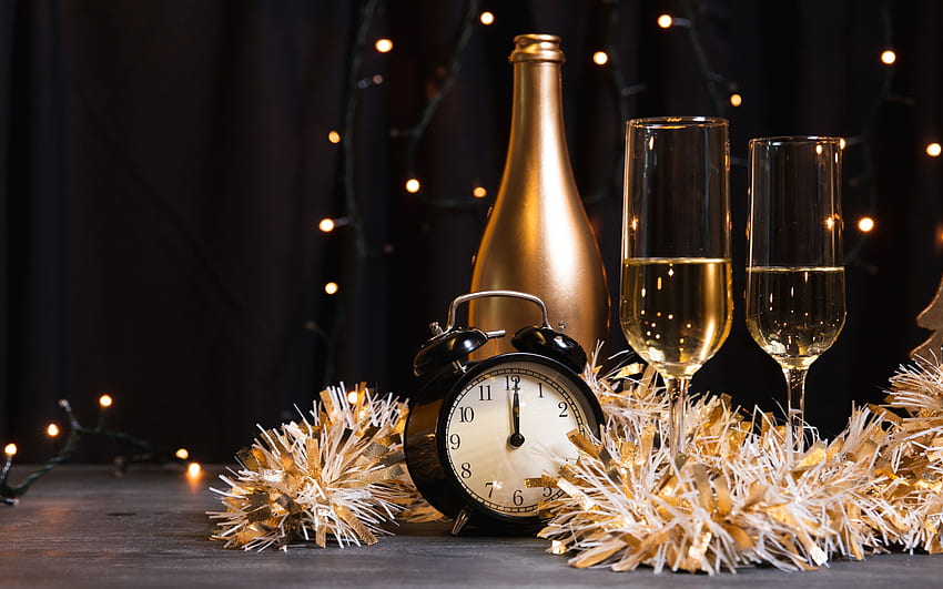 Feliz Ano Novo 2022!, óculos, champanhe, relógio, garrafa papel de parede HD