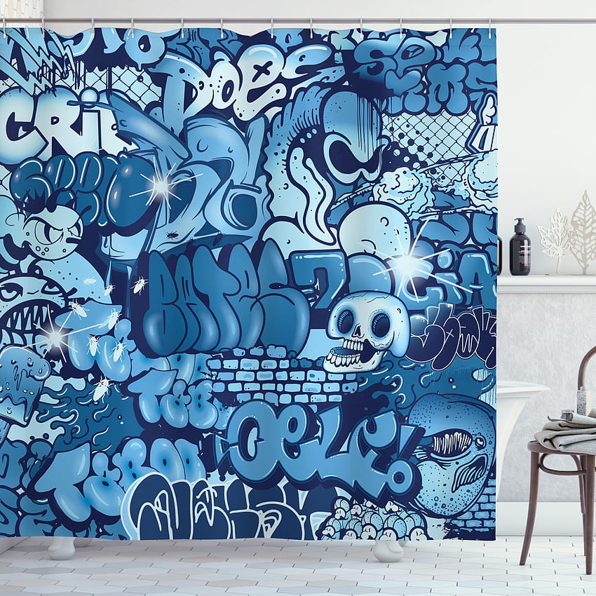 Cortina de ducha Urban Graffiti, Xenomorph Alien y Skull on Aquatic Shaded Artistic Street Art, juego de baño de tela con ganchos, 69 pulgadas de ancho x 70 pulgadas de largo, azul marino y azul pálido fondo de pantalla del teléfono
