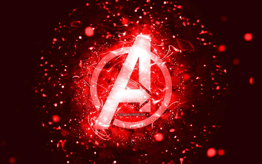 Avengers rotes Logo, rote Neonlichter, kreativer, roter abstrakter Hintergrund, Avengers-Logo, Superhelden, Avengers HD-Hintergrundbild