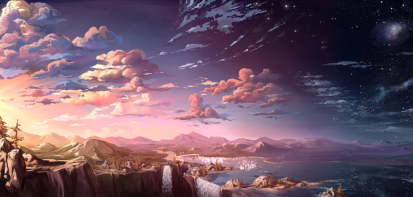 Art, Sky, Mountains, Clouds, Waterfalls HD wallpaper