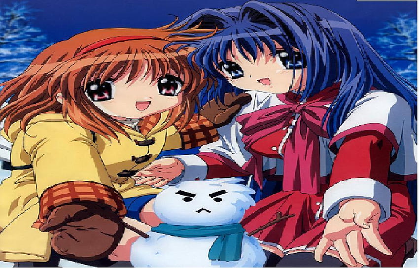 Kanon SnowAngels, blue, snowman, kanon, anime, orange HD wallpaper