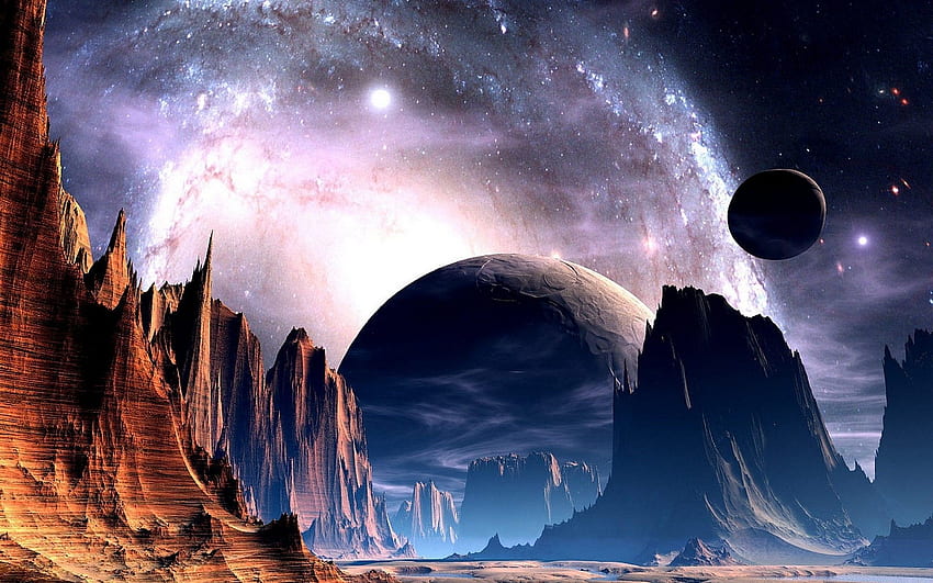 Sci Fi Ciencia Ficción Planetas Extranjero Cielo Estrellas Nebulosa Galaxia Espacio Universo Luz Brillante Naturaleza Paisajes Montañas Acantilado Valle Spire Arte Artístico, Ficción Paisaje fondo de pantalla