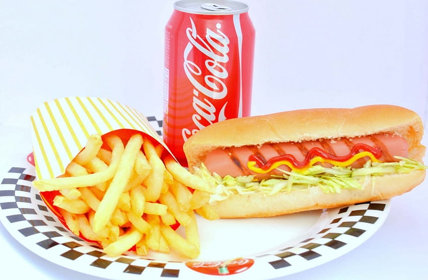 hotdog and fries, coca cola, hotdog, fries, plate HD wallpaper