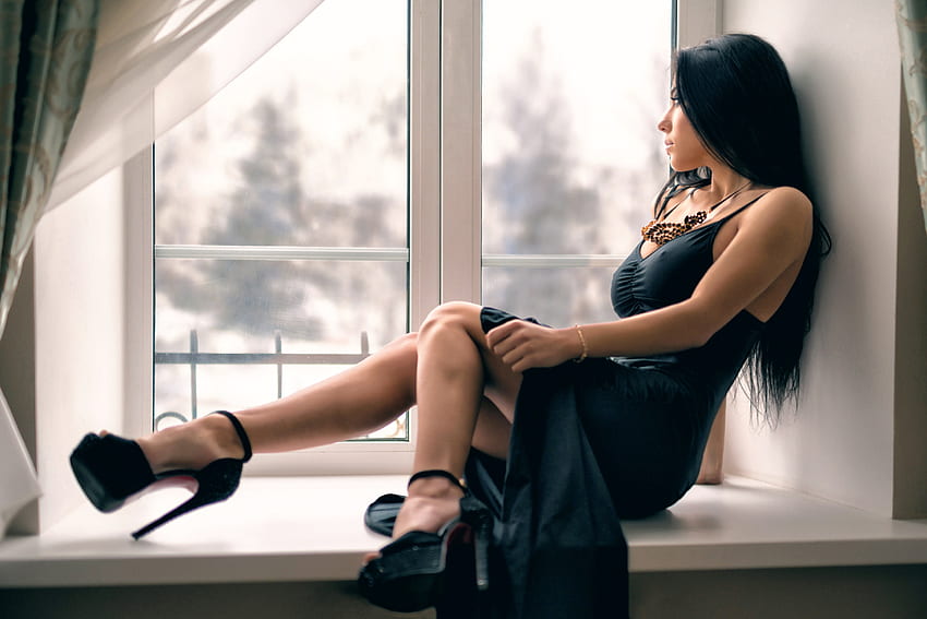 Brunette in a Window Sill, model, high heels, dress, brunette HD wallpaper