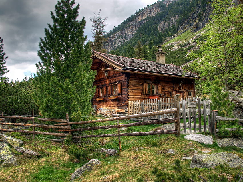 風景, 自然, 家, オーストリア, 木製のフェンス, アルプス 高画質の壁紙