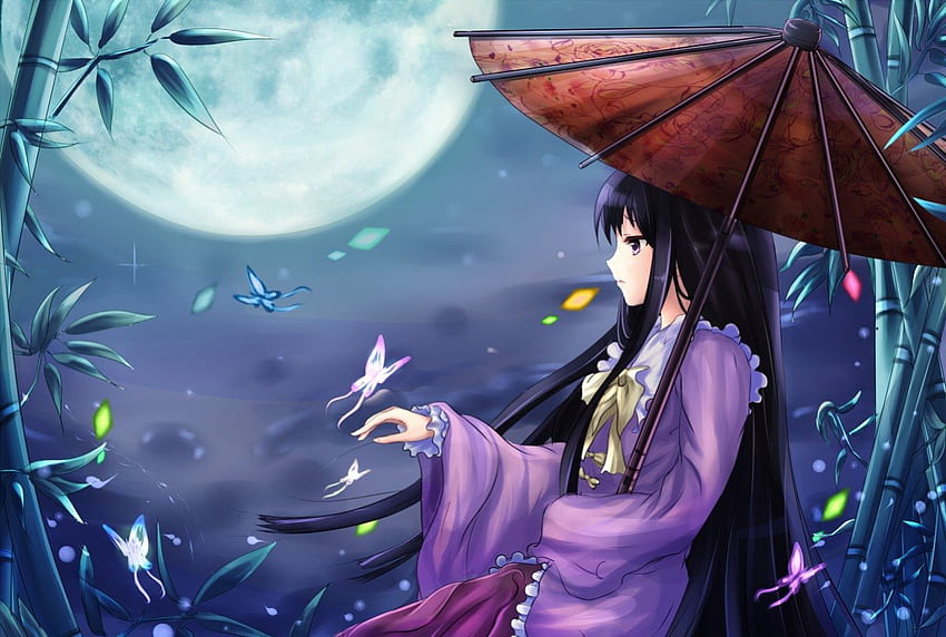Schmetterling, Nacht, Regenschirm, langes Haar, Kleid, schön, Mond, Blütenblätter, weiblich, Houraisan Kaguya, süß, Mädchen, schwarzes Haar, Anime-Mädchen, Anime, hübsch, touhou, schön HD-Hintergrundbild