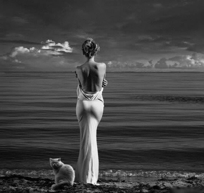 Waiting For..., white, black, cat, people, dress, beach, woman, elegant, female HD wallpaper