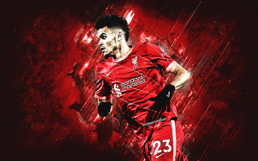 Luis Diaz, Liverpool FC, roter Steinhintergrund, Premier League, England, Fußball, Luis Diaz Liverpool HD-Hintergrundbild