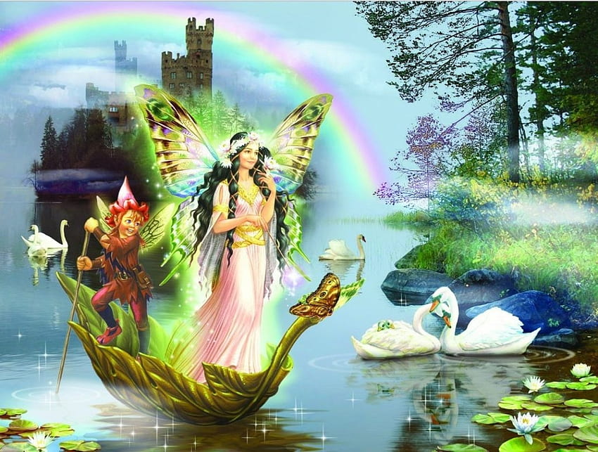 :), boat, art, burd, girl, elf, lebada, fairy, zorina baldescu, fantasy, rainbow, swan, water HD wallpaper