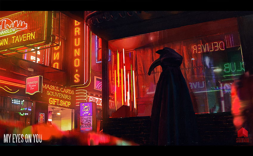 Tony Skeor Plague Doctors Artwork Digital Art Neon Noir Night Cityscape Fantasy Art Red - Resolution: HD wallpaper