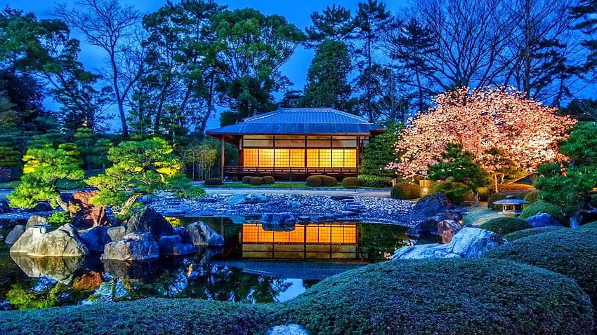 Japon Bahçesi, Japon, ev, ağaçlar, Bahçe, doğa, çiçekler, göl, gölet HD duvar kağıdı