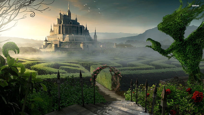 Jardín del castillo. Castillo de fantasía, Mundo, Paisaje de fantasía fondo de pantalla