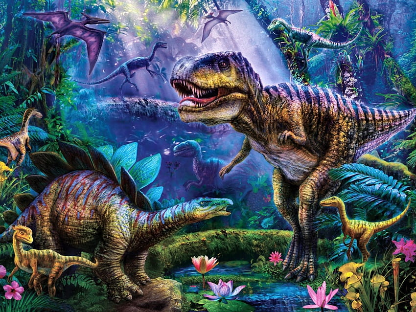 Dino Jungles F1C, Tier, Kunstwerk, Breit, Tierwelt, Malerei, Kunst, Dinosaurier, schön HD-Hintergrundbild