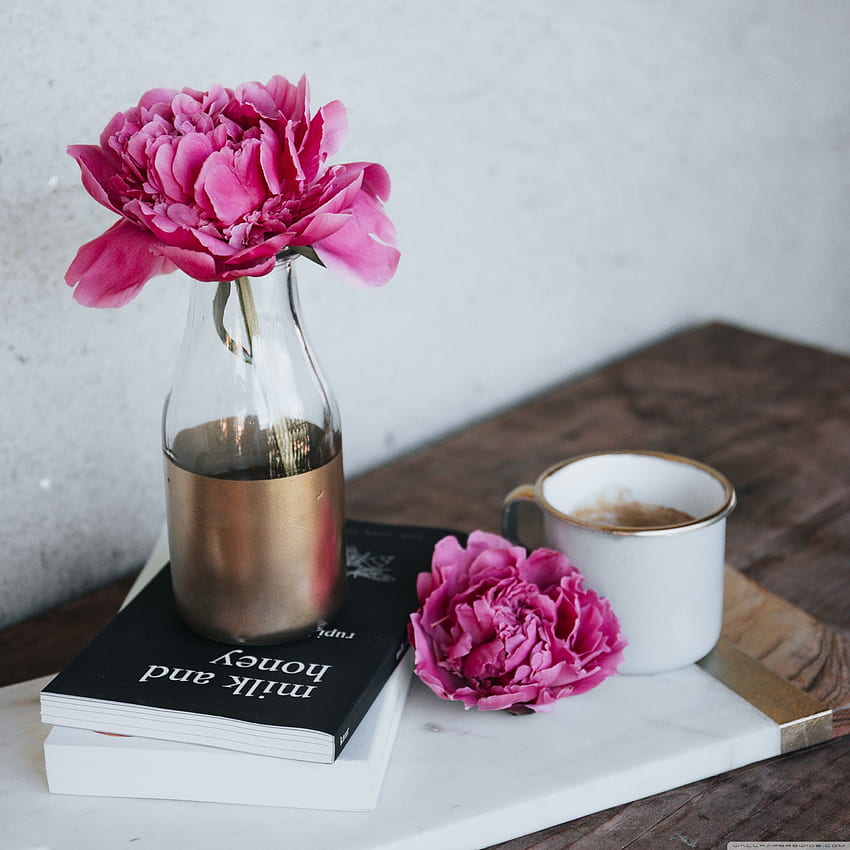pink peony flower books coffee iPad Pro, Flowers and Books HD phone wallpaper