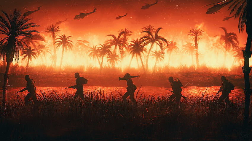 Vietnam, soldados, noche, batalla, paisaje, pal árboles, fuego, arte. fondo de pantalla