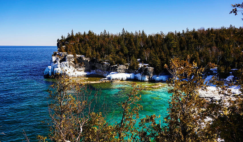 อุทยานแห่งชาติ Bruce Peninsula, Ontario, ชายฝั่ง, ต้นไม้, ท้องฟ้า, แคนาดา, น้ำ วอลล์เปเปอร์ HD