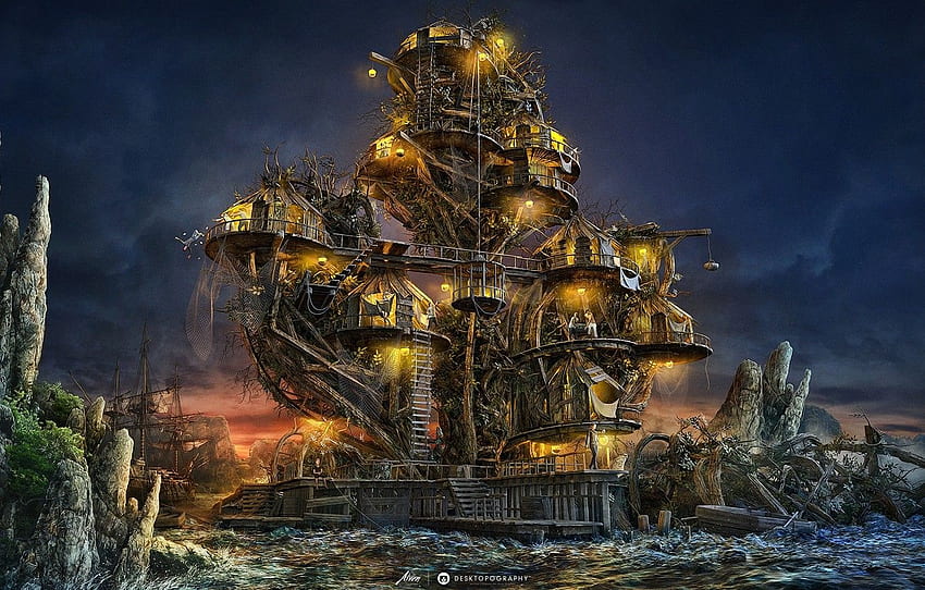 night, house, ship, island, art, ography, pirate HD wallpaper