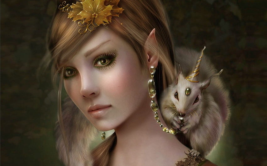 Fantasy girl, frumusete, art, girl, elf, veverita, fantasy, face, luminos, fantast, squirrel HD wallpaper