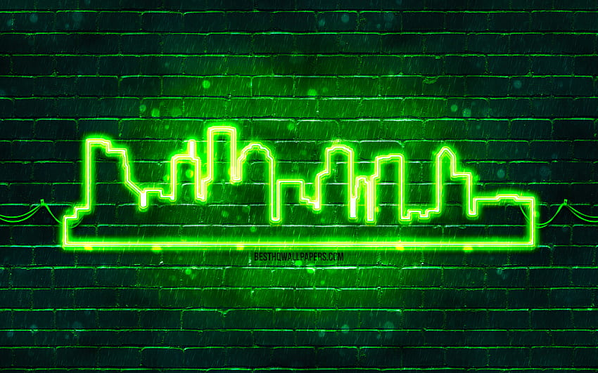 Houston green neon silhouette, , green neon lights, Houston skyline silhouette, green brickwall, american cities, neon skyline silhouettes, USA, Houston silhouette, Houston HD wallpaper