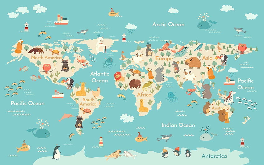 Carte du monde avec des animaux de l'océan pour les enfants, carte de l'Amérique du Nord Fond d'écran HD