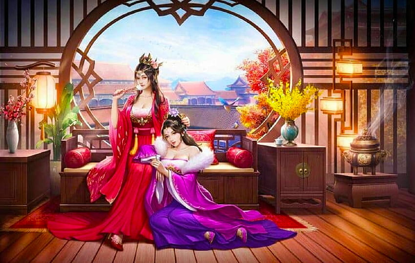 Pagoda Beauties, digital, art, fantasy, , girls, girl, woman HD wallpaper
