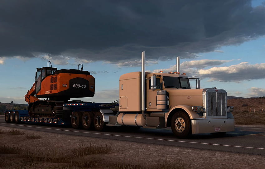 road, the sky, asphalt, clouds, background, the game, color, USA, USA, America, game, the trailer, beige, ATS, simulator, America for , section игры, American Truck Simulator HD wallpaper