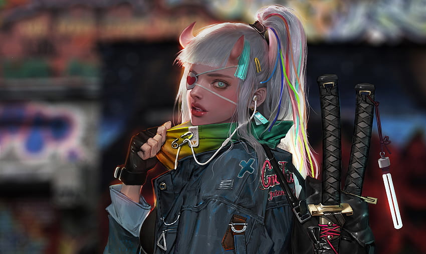 Devil girl, cyberpunk, girl warrior, art HD wallpaper