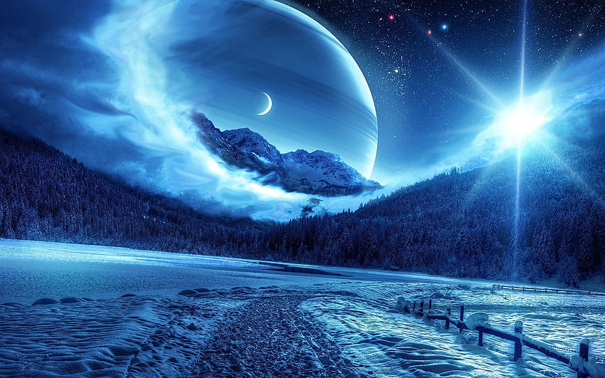Planets, Winter, Nature, Mountains, Night, Road, Fantastic Landscape HD wallpaper