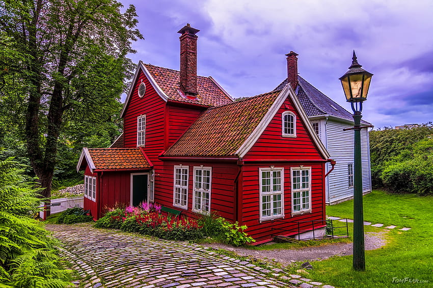 Gamble Bergen, Норвегия, que, къща, красива, трева, красива, фенер, провинция, пътуване HD тапет
