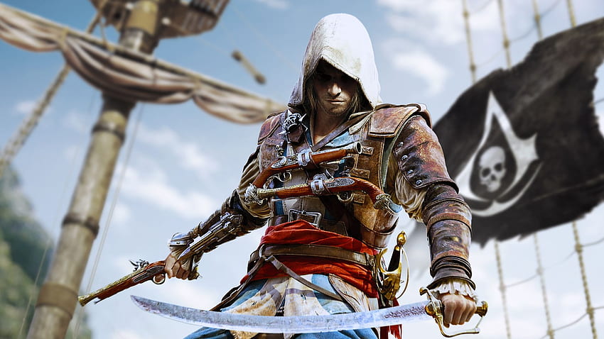 Assassin's Creed Black Flag, nave, pirata, spada, fantasia, uomo, bandiera nera, gioco, assassins creed Sfondo HD
