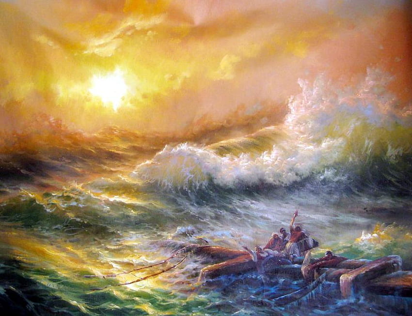 Lost At Sea, painting, raft, people, sunset, ocean HD wallpaper