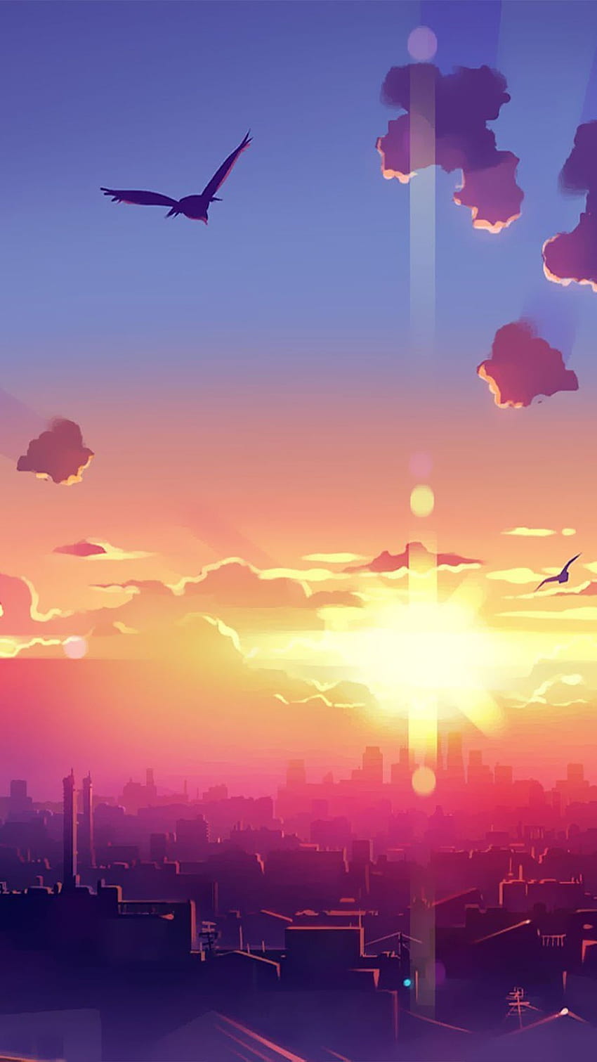 Sunrise City Morning Birds Illustration iPhone 6 Plus - HD phone wallpaper
