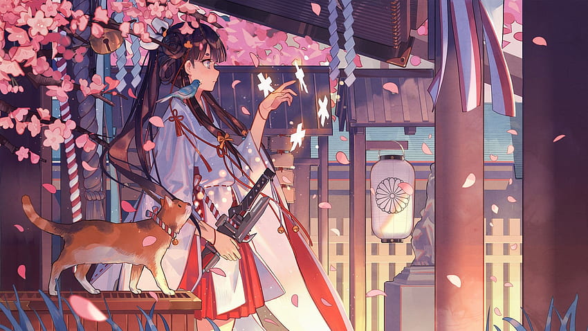 Ragazza anime, kimono, katana, fiore di sakura, vista profilo Sfondo HD