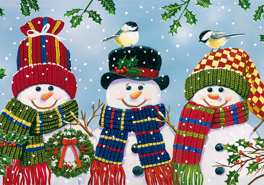 :) ฤดูหนาว นก craciun ศิลปะ น่ารัก มนุษย์หิมะ วาด bluetit pictura สีเขียว คริสต์มาส สีแดง ผ้าพันคอ pasari สาม วอลล์เปเปอร์ HD