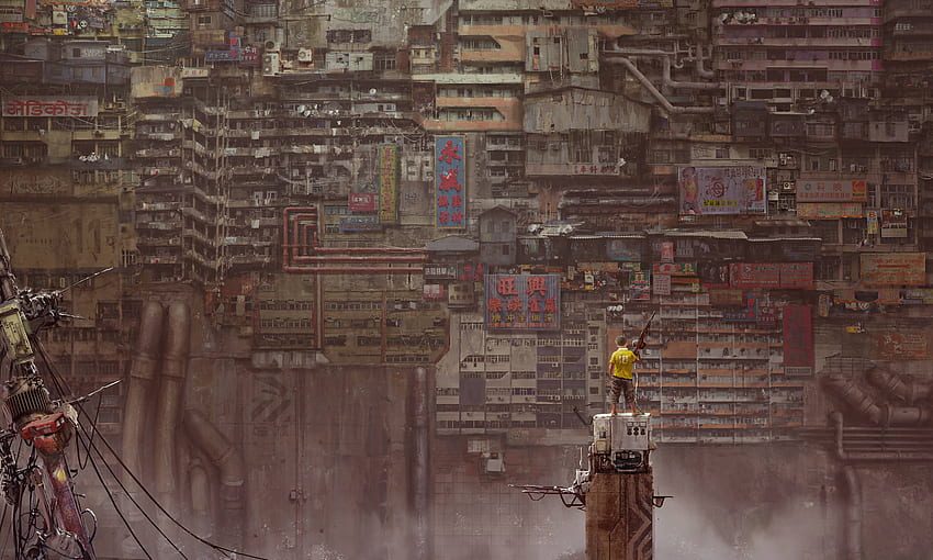 Niño con pistola Apocalipsis Arte de la ciudad amurallada de Kowloon fondo de pantalla