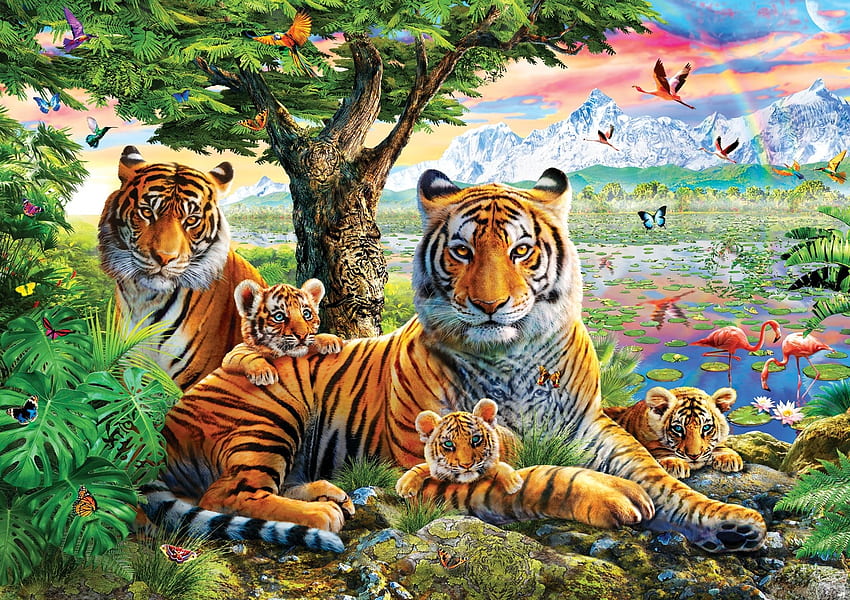 Niesamowita przyroda, rodzina, ukryte, puzzle, młode, tygrysy Tapeta HD