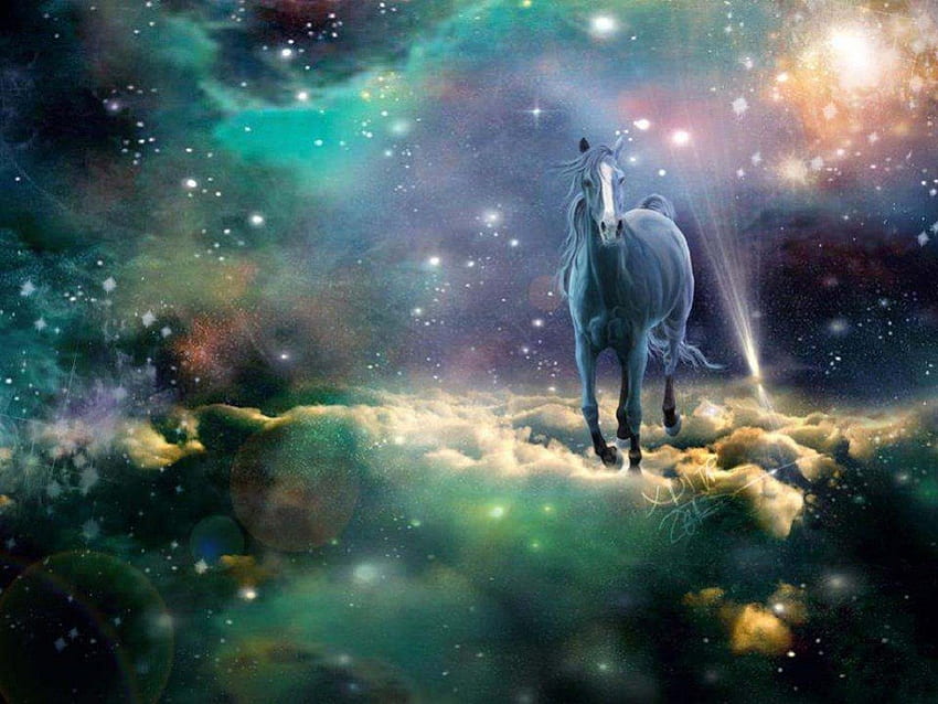 Cavalo Espacial, animal, cavalo, resumo, fantasia, nuvens, espaço papel de parede HD