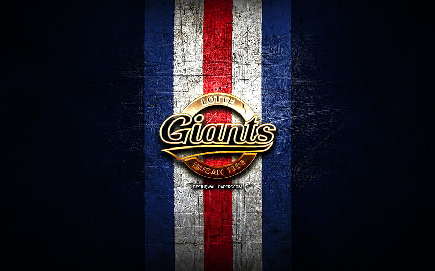 Lotte Giants, златно лого, KBO, син метален фон, бейзболен отбор на Южна Корея, лого на Lotte Giants, бейзбол, Южна Корея HD тапет